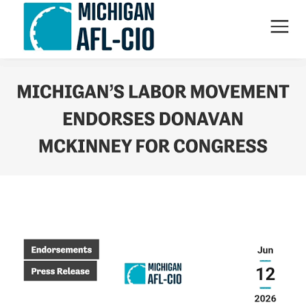 Michigan AFL-CIO endorsement announcement for Donavan McKinney for Congress, dated June 12, 2026
